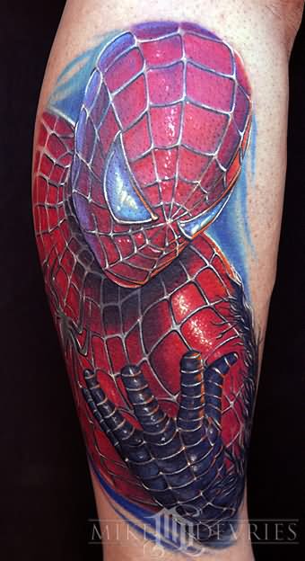 Spiderman Tattoo On Leg