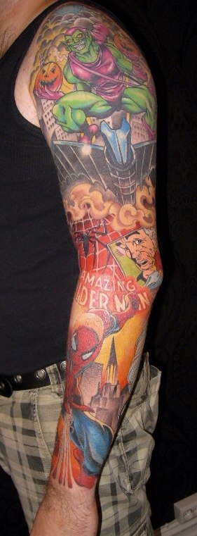 Spiderman Tattoo On Man Left Sleeve