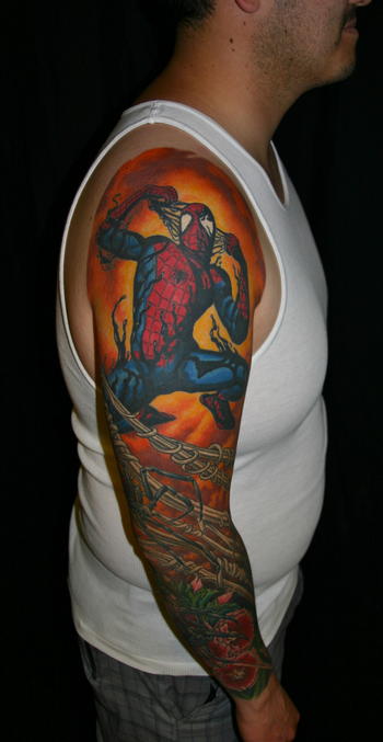 Spiderman Tattoo On Man Right Sleeve