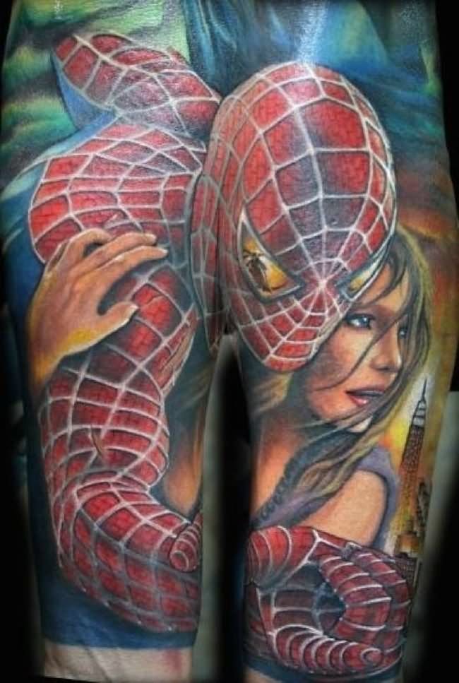 Spiderman With Girl Tattoo On Sleeve