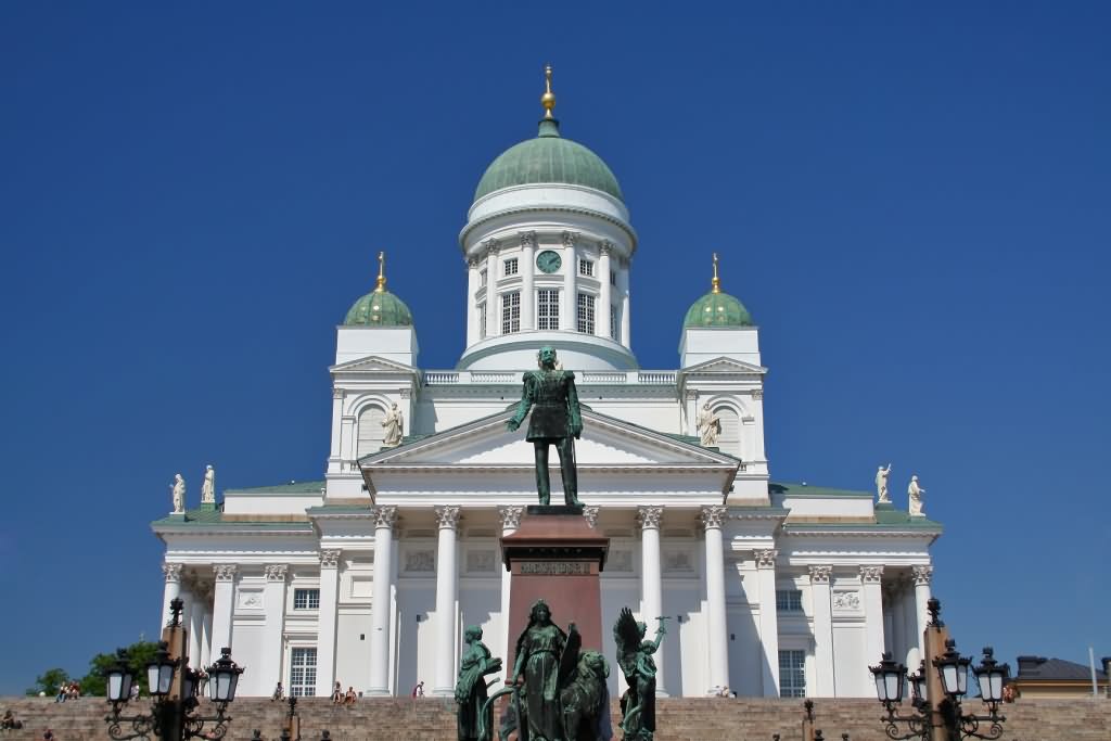 Statue In Front Of The Helsinki Cathedral In Finland