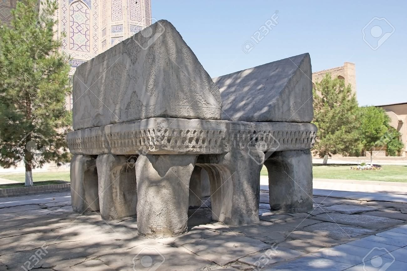 Stone Stand Kuran At The Bibi-Khanym Mosque In Samarkand,  Uzbekistan