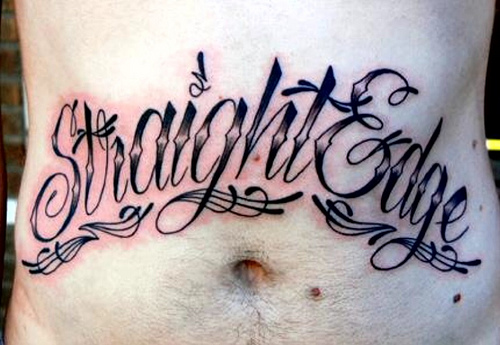 Straight Edge Lettering Tattoo On Man Stomach