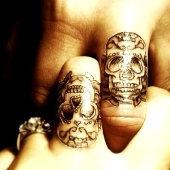 Sugar Skull Ring Tattoo On Couple Finger