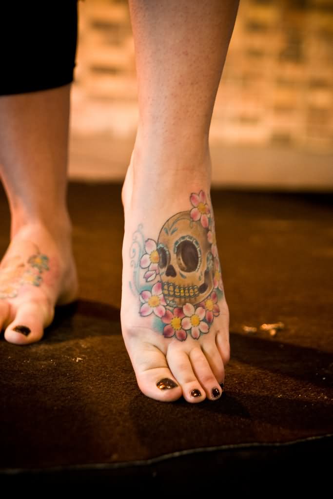 Sugar Skull With Flowers Tattoo On Girl Foot