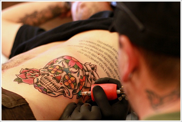 Sugar Skull With Rose Tattoo Design For Men Stomach
