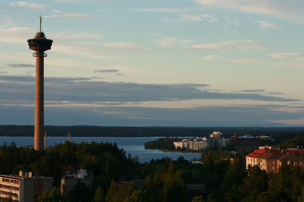 Sunset View Of The Nasinneula Tower In Finland