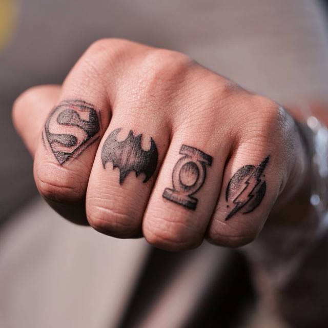 Superman And Batman Logo Knuckle Tattoo