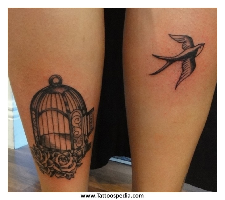 Swallow Flying From Cage Tattoos On Both Legs