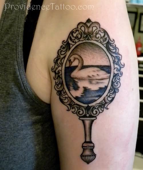 Swan Hand Mirror Tattoo On Left Shoulder