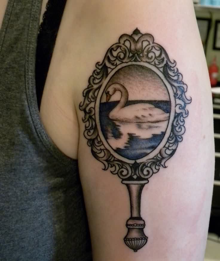 Swan In Victorian Hand Mirror Tattoo On Shoulder