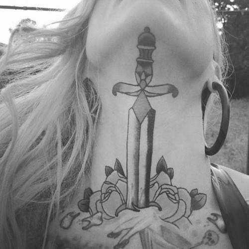 Sword In Rose Tattoo On Girl Front Neck