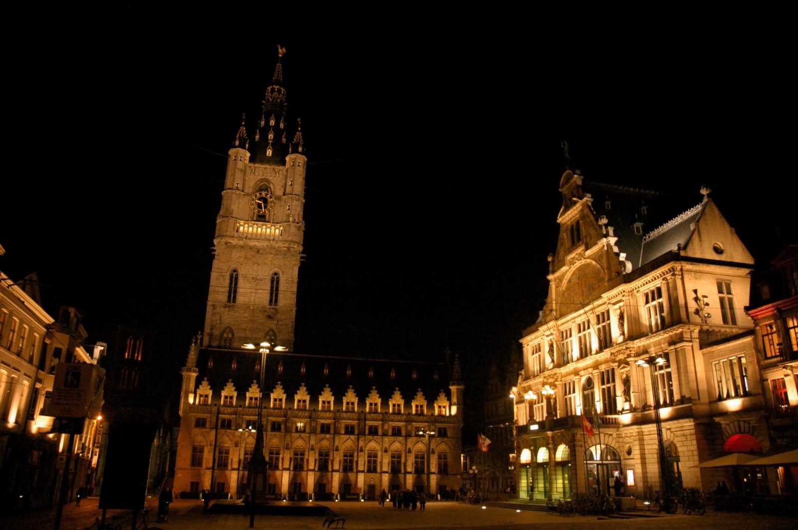 The Belfry Of Ghent In Belgium Illuminated At Night