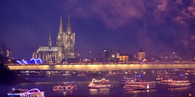 The Cologne Cathedral View Across The Rhine At Night