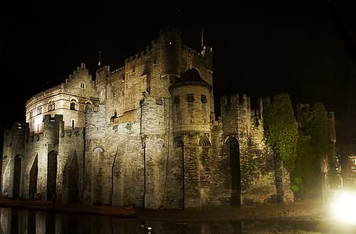 The Gravensteen Castle In Ghent Lit Up At Night