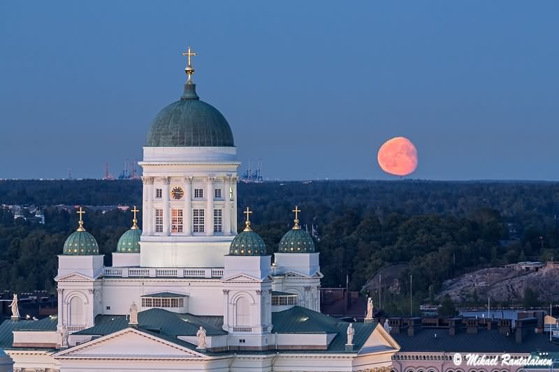 The Helsinki Cathedral At Dusk With Moon