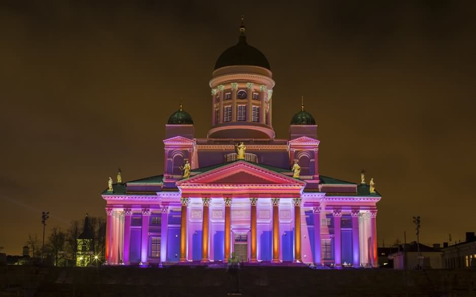 The Helsinki Cathedral Lit Up At Night