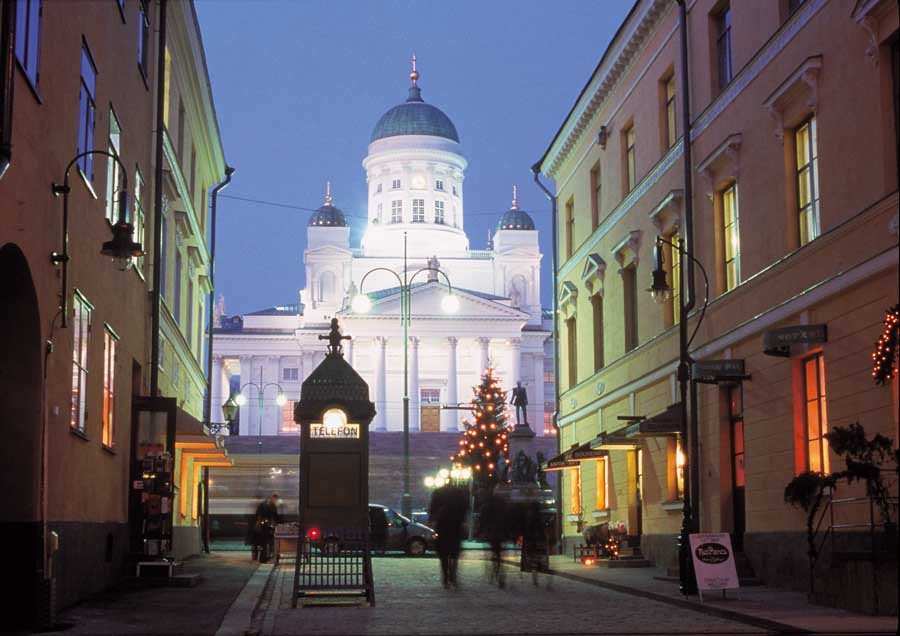The Helsinki Cathedral Night View From Street In Finland