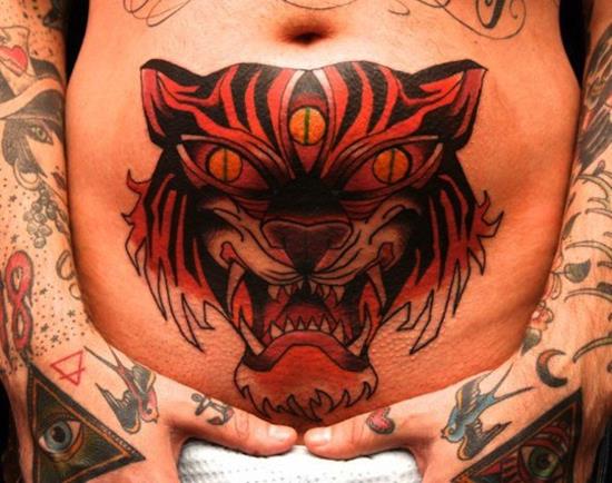 Three Eye Tiger Head Tattoo On Girl Stomach