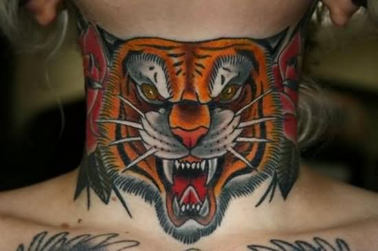 Tiger Head With Roses Tattoo On Front Neck