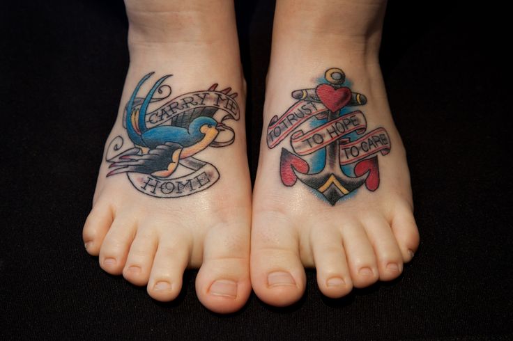 Traditional Anchor And Flying Birds With Banner Tattoo Design For Men Feet