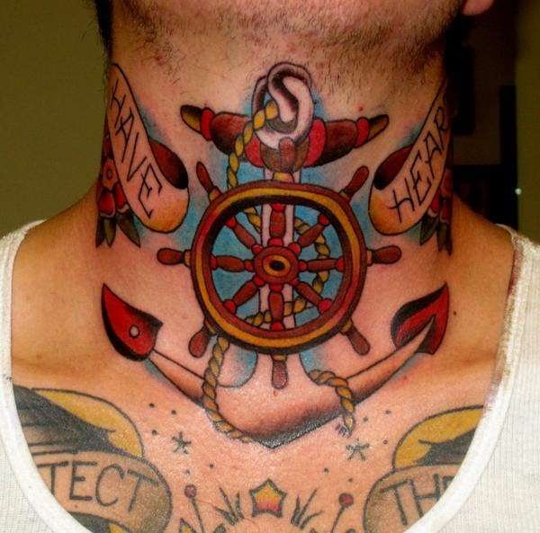 Traditional Anchor With Sheep Wheel Tattoo On Man Front Neck
