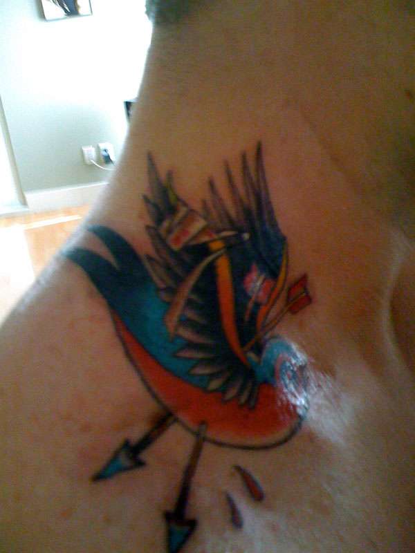 Traditional Arrows In Bird Tattoo On Side Neck