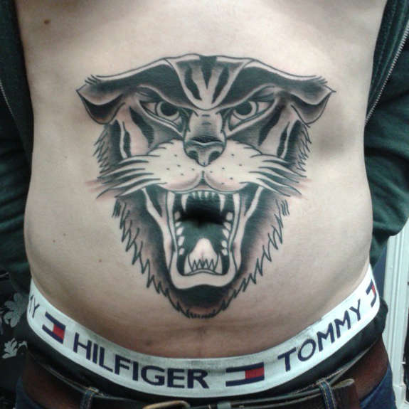 Traditional Black And Grey Tiger Head Tattoo On Man Stomach