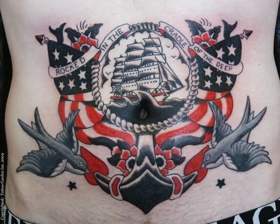 Traditional Black And Red USA Flags Tattoo Design For Stomach