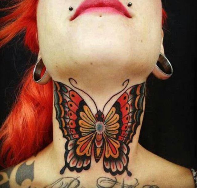Traditional Butterfly Tattoo On Girl Front Neck