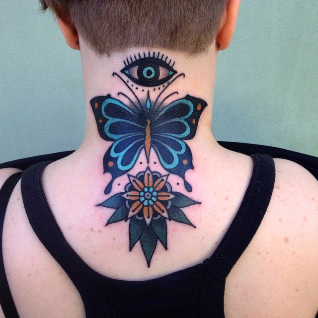 Traditional Butterfly With Flower And Eye Tattoo On Back Neck