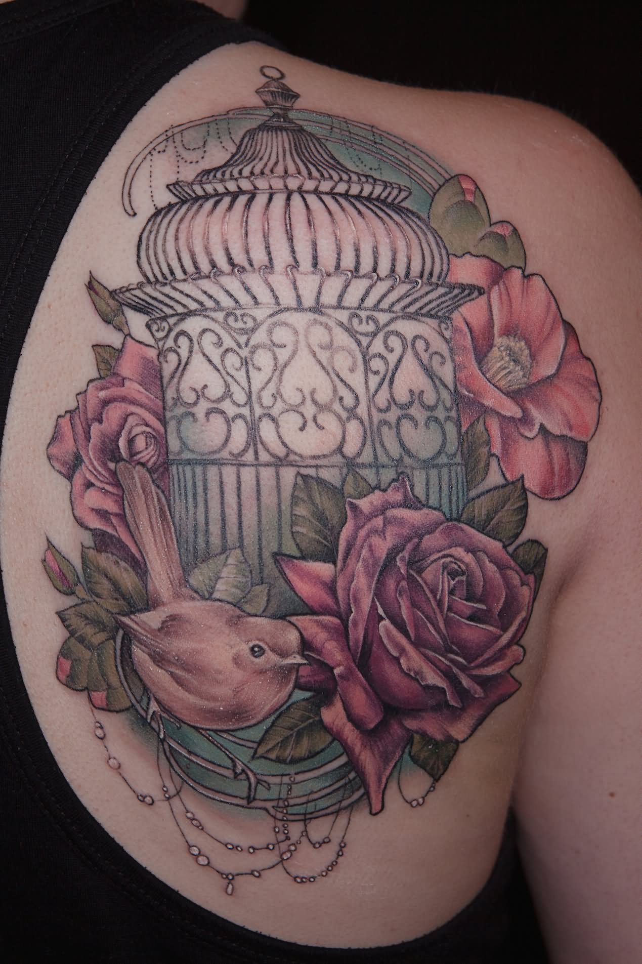 Traditional Cage Tattoo On Right Back Shoulder