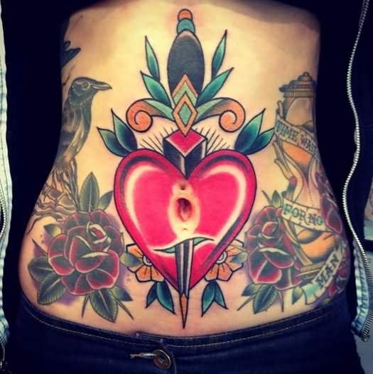 Traditional Dagger In Heart With Roses Tattoo On Girl Stomach