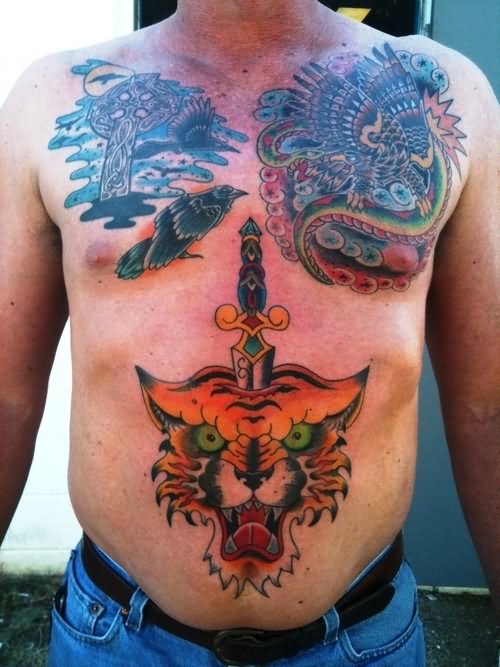 Traditional Dagger In Tiger Head Tattoo On Man Stomach
