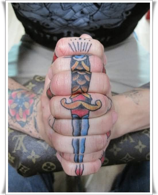 Traditional Dagger Tattoo On Both Hand Finger