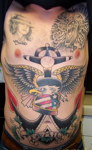 Traditional Eagle With Anchor Tattoo On Man Stomach