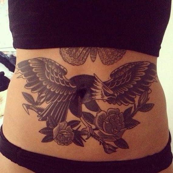 Traditional Eagle With Roses Tattoo On Stomach