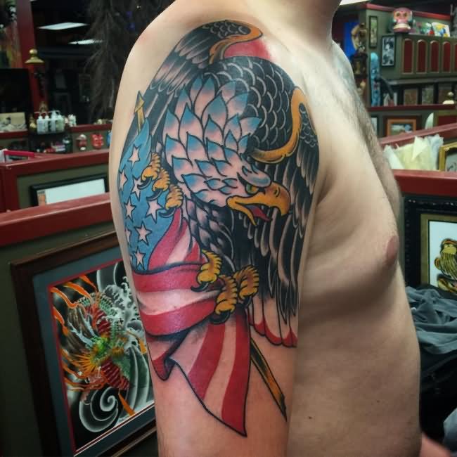 Traditional Eagle With USA Flag Tattoo On Man Right Half Sleeve