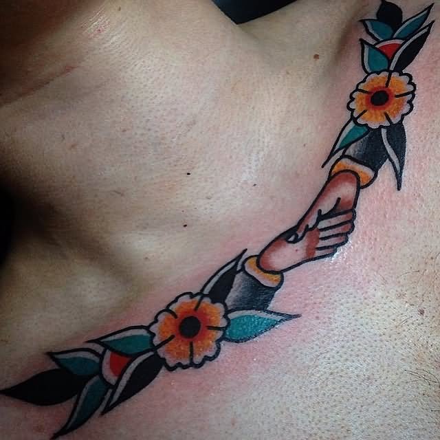 Traditional Flowers Tattoo On Collarbone