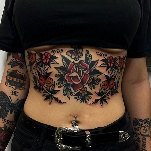 Traditional Flowers Tattoo On Girl Stomach