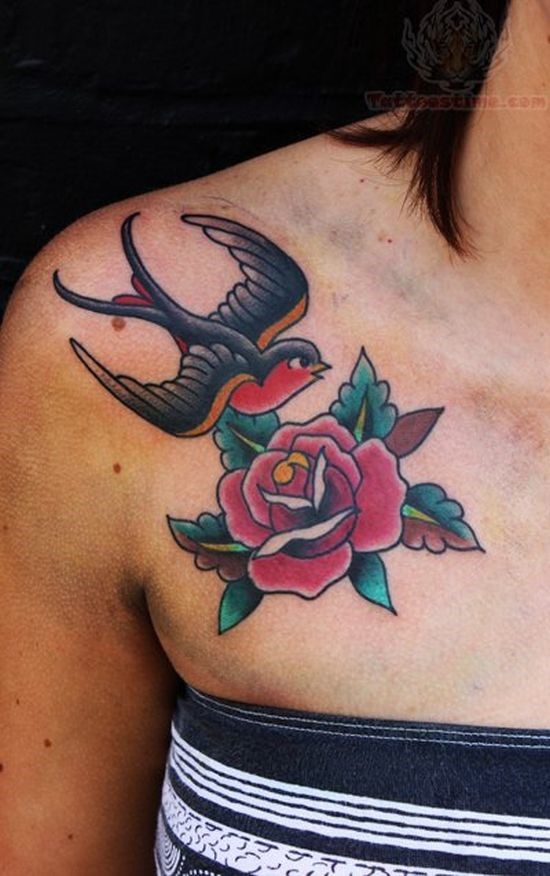 Traditional Flying Bird With Rose Tattoo On Girl Right Collar Bone