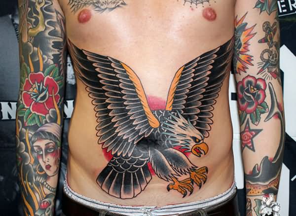 Traditional Flying Eagle Tattoo On Man Stomach