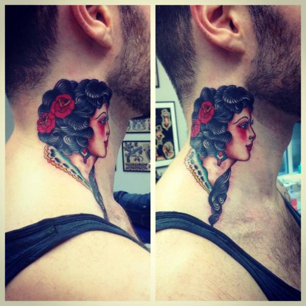Traditional Girl Face Tattoo On Man Side Neck
