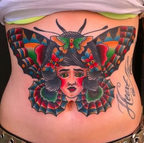 Traditional Girl Face With Butterfly Wings Tattoo On Girl Stomach