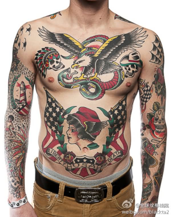 Traditional Girl Face With Two USA Flag Tattoo On Man Stomach