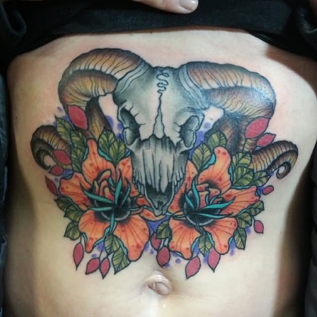 Traditional Goat Skull With Flower Tattoo On Girl Stomach