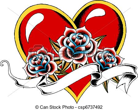Traditional Gothic Heart With Roses And Ribbon Tattoo Design