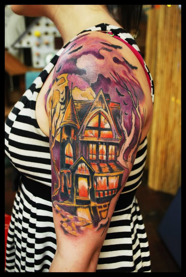 Traditional Haunted House Tattoo On Left Half Sleeve by Volatileghost