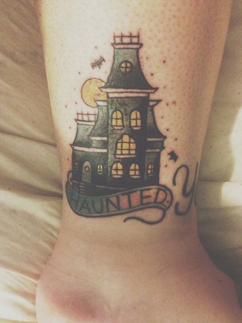 Traditional Haunted House Tattoo On Leg