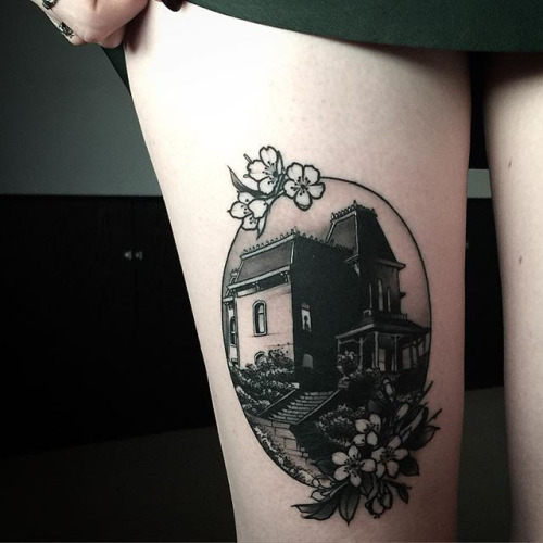 Traditional Haunted House Tattoo On Thigh
